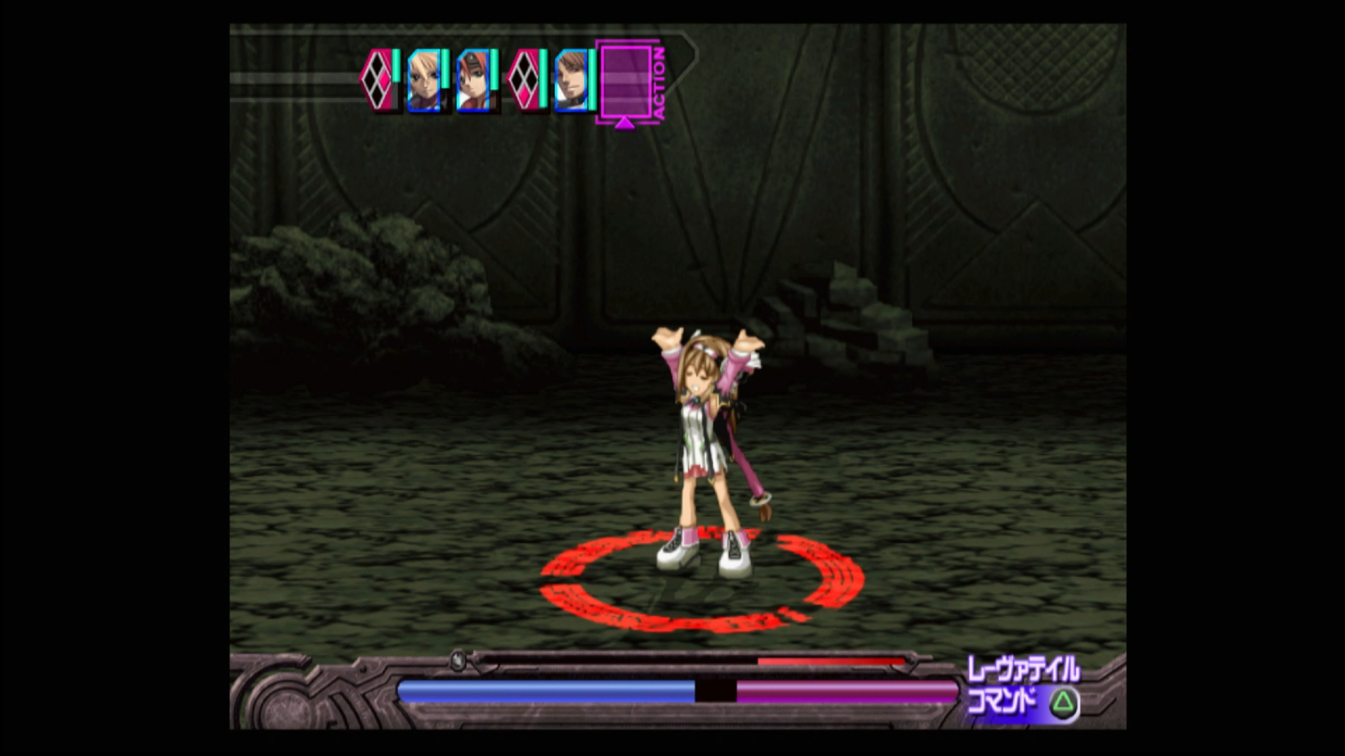 敵から狙われたレーヴァテイルには赤いサークルが表示される。このときに前衛が守るコマンドを選択すると相手の攻撃時に自動的に庇い、HPが0にならなければカウンター攻撃が発動