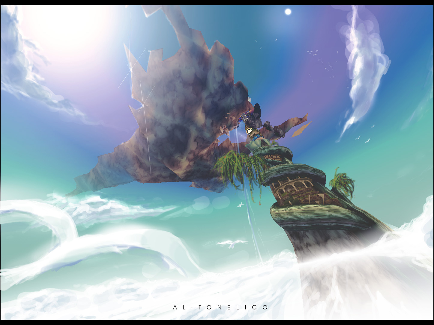 オープニングムービーで見ることができるアルトネリコの世界。大陸と海を舞台にしたRPGが多かった中、1本の塔と浮遊大陸という世界観は珍しかった。ちなみにホルスの翼は、以前の厄災で片翼だけになってしまっている