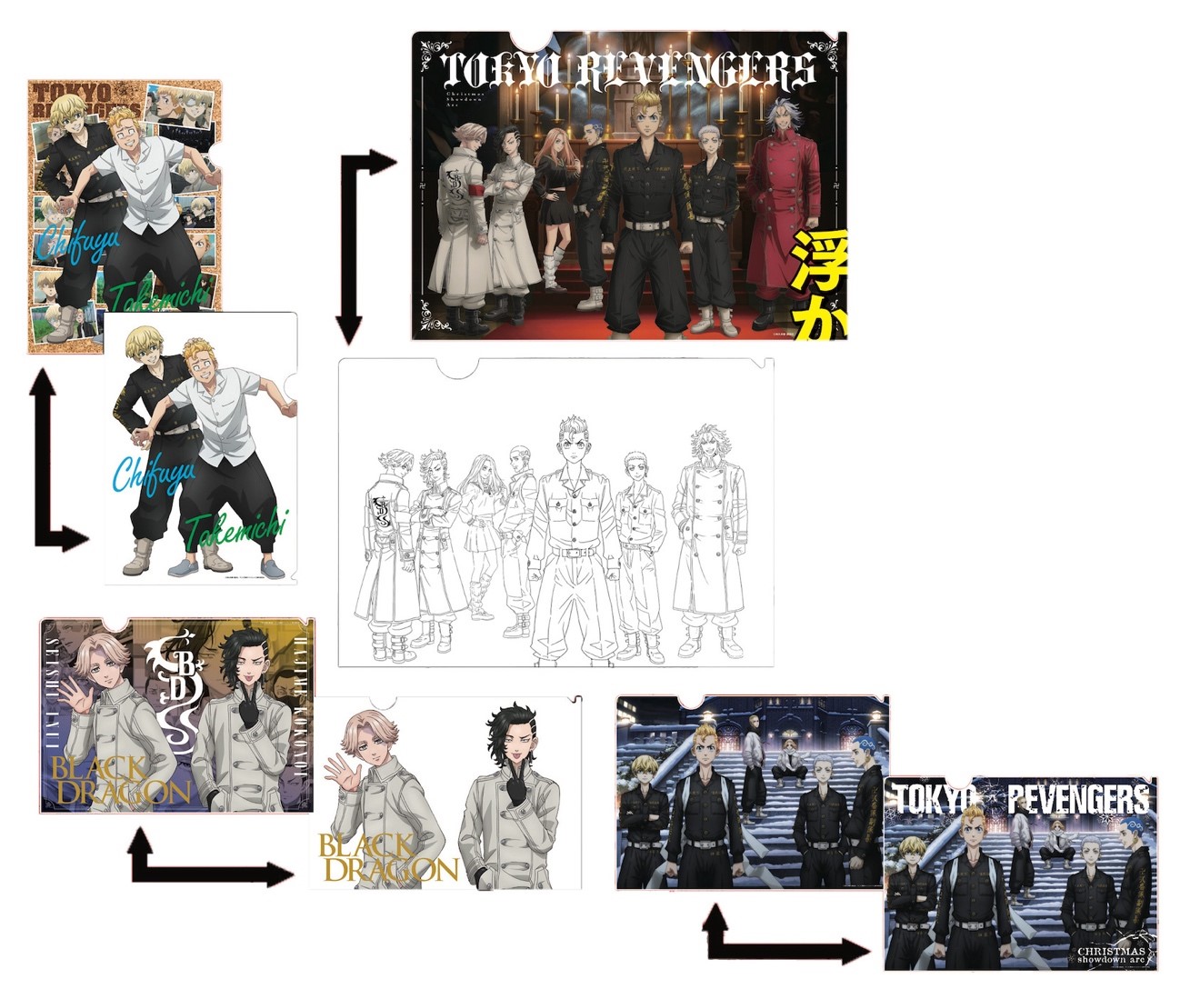 「聖夜決戦編」を彩る4種のマジッククリアファイル。白い紙を出し入れすると線画や場面が浮かび上がる