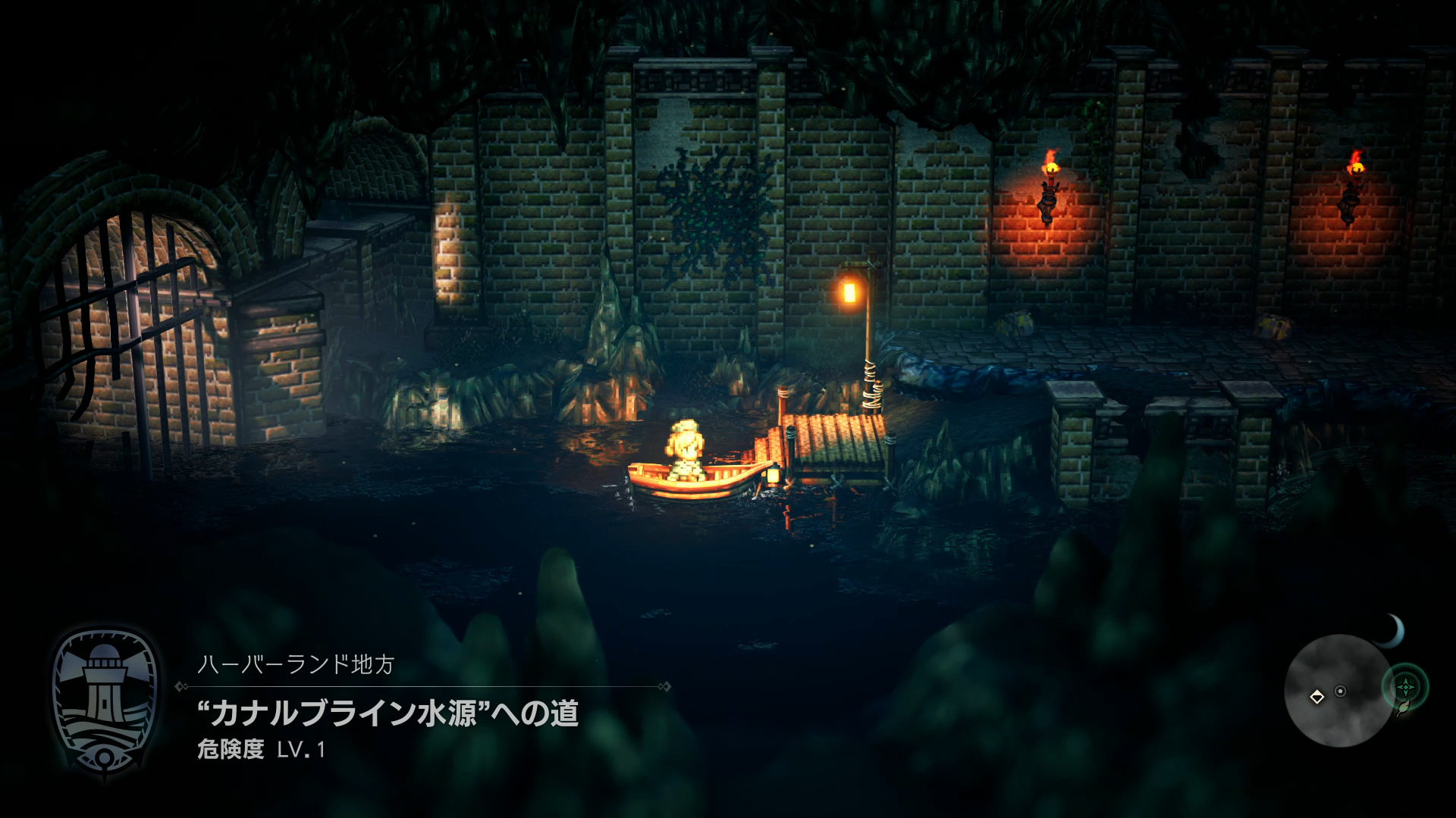 画面右下に表示されているマップには、セーブポイントである羽根マーカーも表示されている。円形のマップの外側には、昼夜の状態を示す月または太陽も