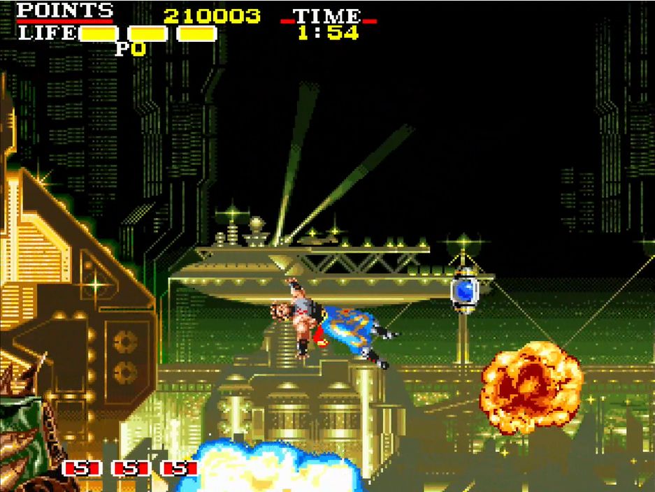 ジャンプが遅れると画面外に落ちてミスになるが、タイミングがバッチリ合うとライフが全回復する青色のアイテムが取れる