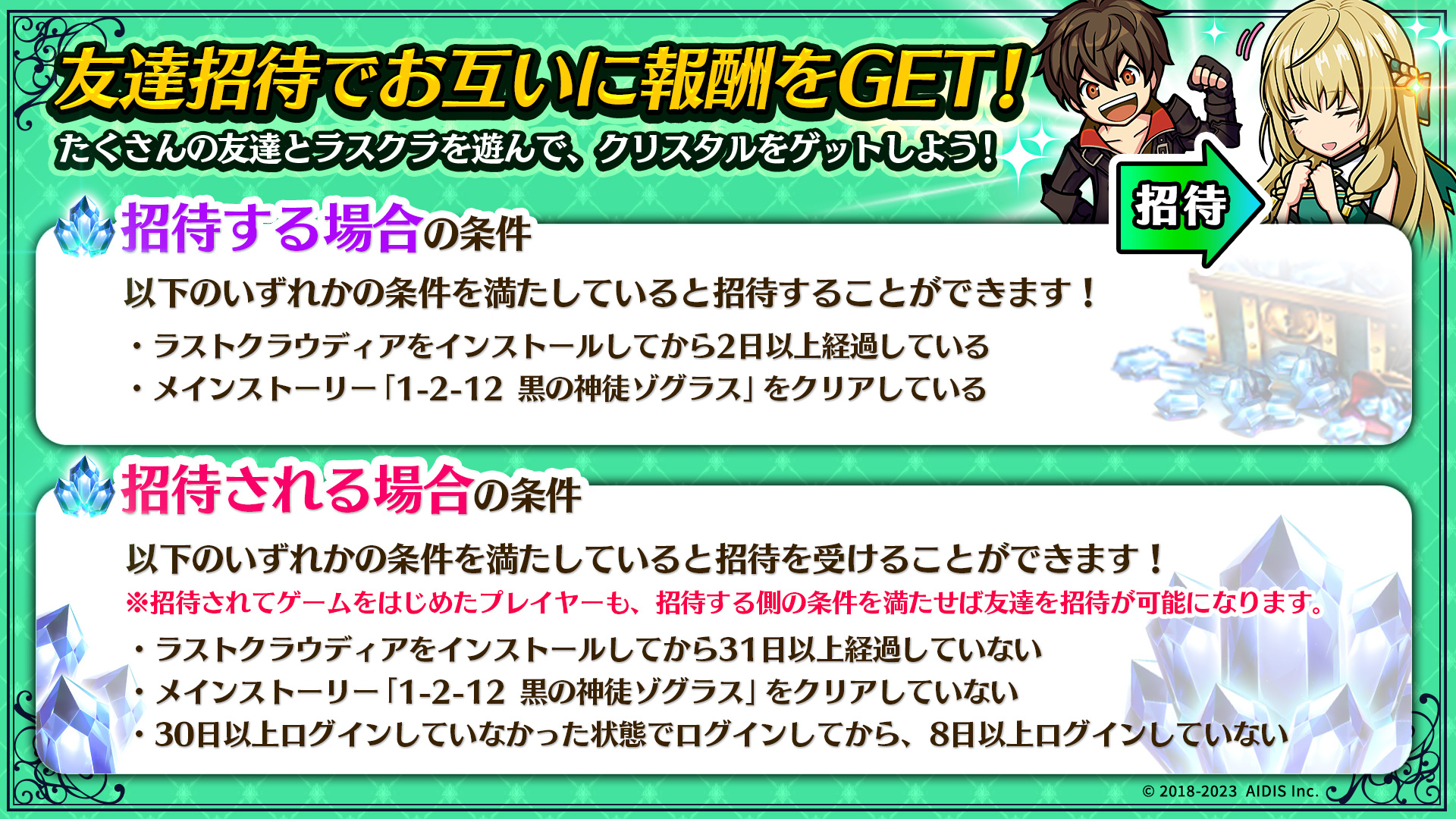 友達招待することで報酬が得られるほか、チュートリアルをクリアするとSSRラストクラウディアがもらえるイベントも追加