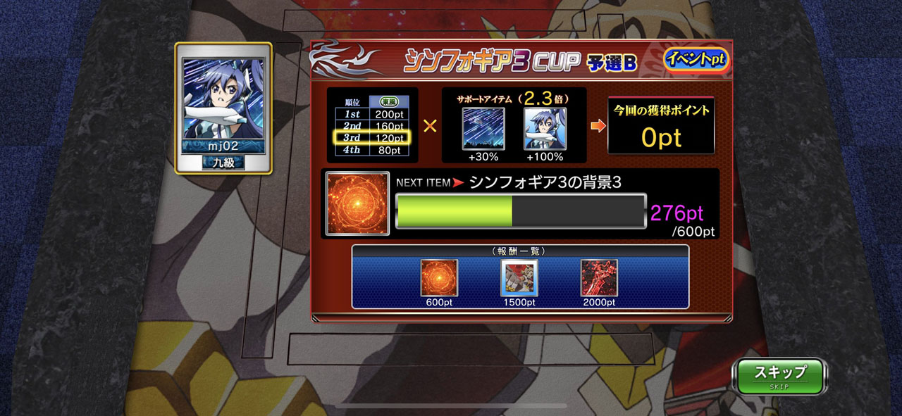 対局後、成績に応じて加算されるptを一定数集めるごとに、コラボアイテムがどんどん手に入る