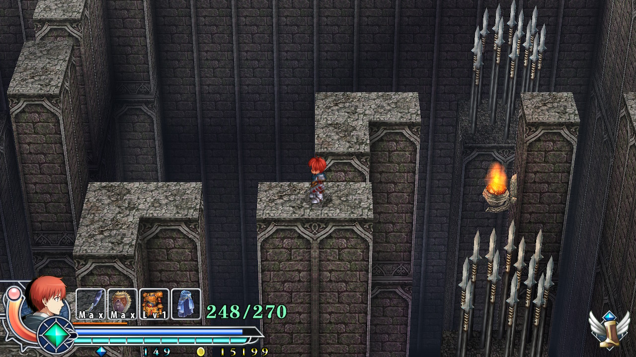 「Not Fall」機能をONにすると、足場を踏み外すと下層のマップへと落ちていってしまうような場面で、マップ移動せずマップの入口からやり直せる。Not Fallといってもあくまで別マップへ移動しないだけで、足場を超えて先へ進むのは自力で頑張る必要がある。親切すぎない程よいサポートといったところだ