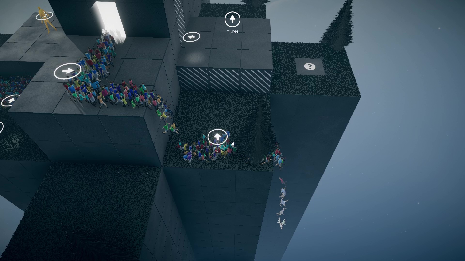 進む先に足場がなくても直進する群衆はそのまま落ちてしまう。落ちてもペナルティにはならないが、このままではゲームが進まない