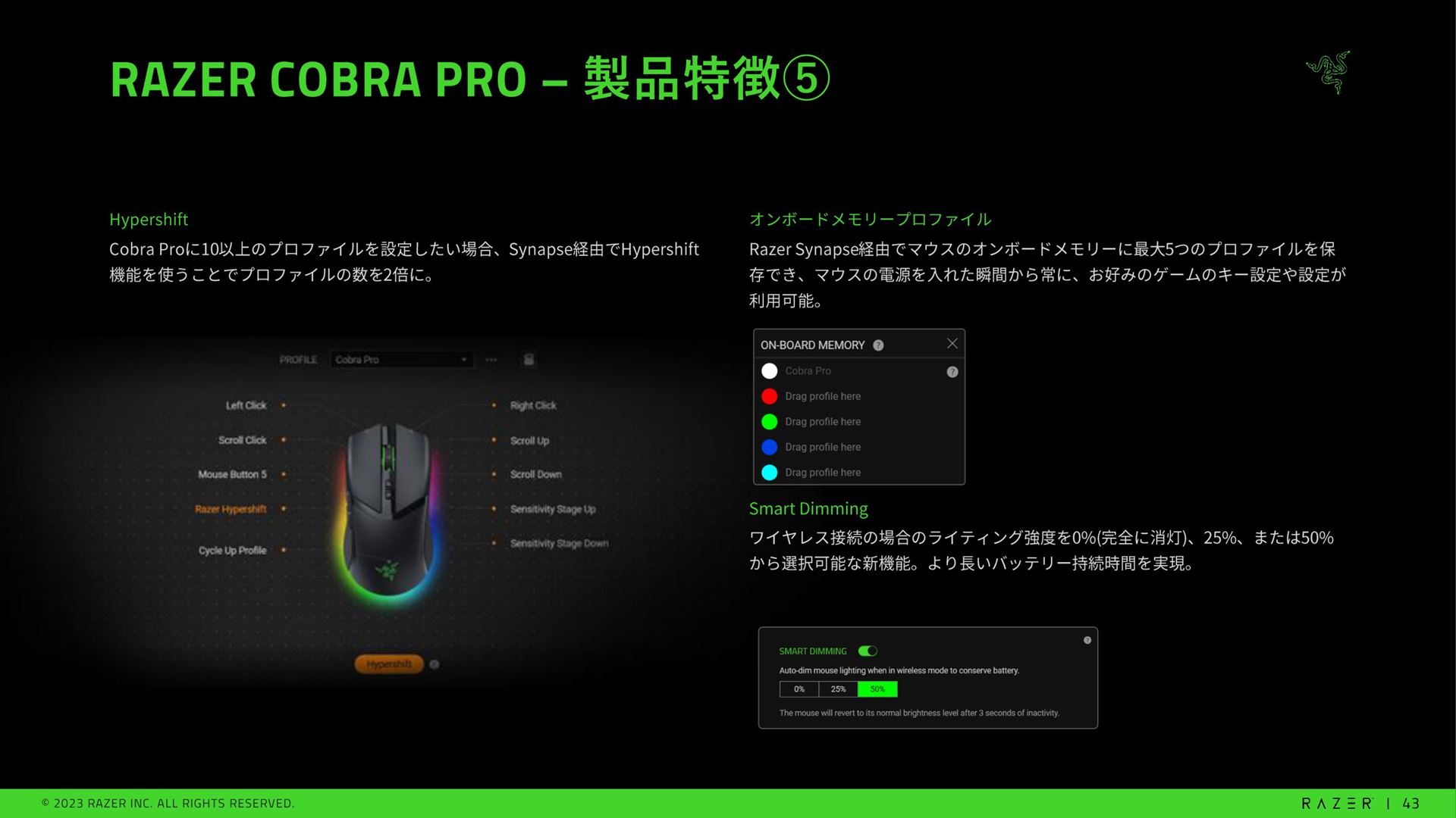 Cobra ProではHypershift機能により、2倍のプロファイルを設定できる。また、オンボードメモリに最大5つのプロファイルを保存可能
