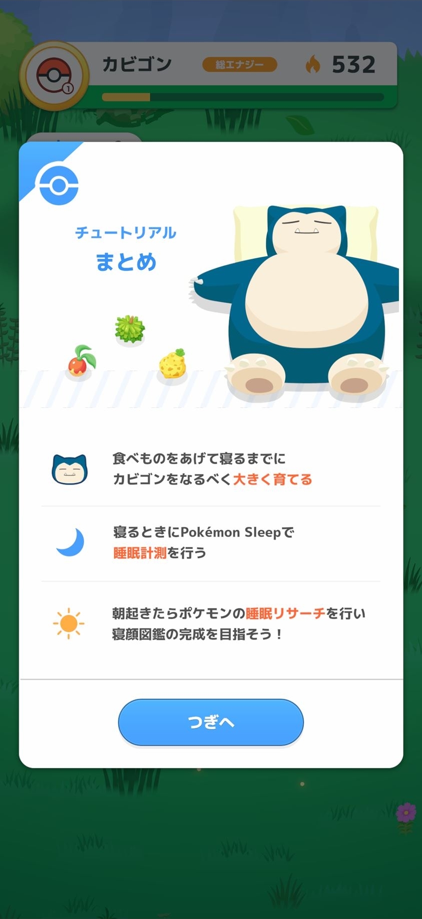 チュートリアルのまとめ。日中は3回に分けてカビゴンに料理を与えることができる