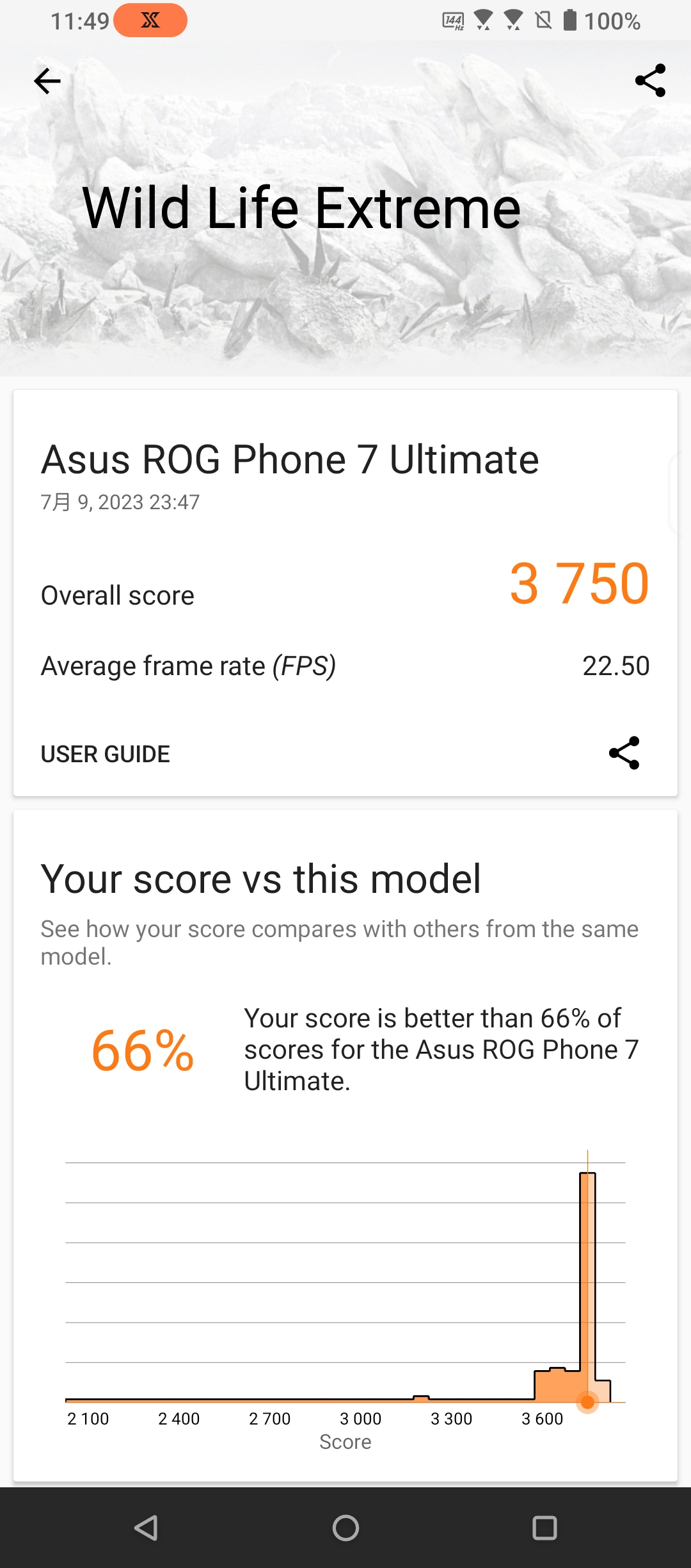 Android版3DMark「Wild Life Extreme」のスコア。これ以外のテストは全てMax Out！となっている