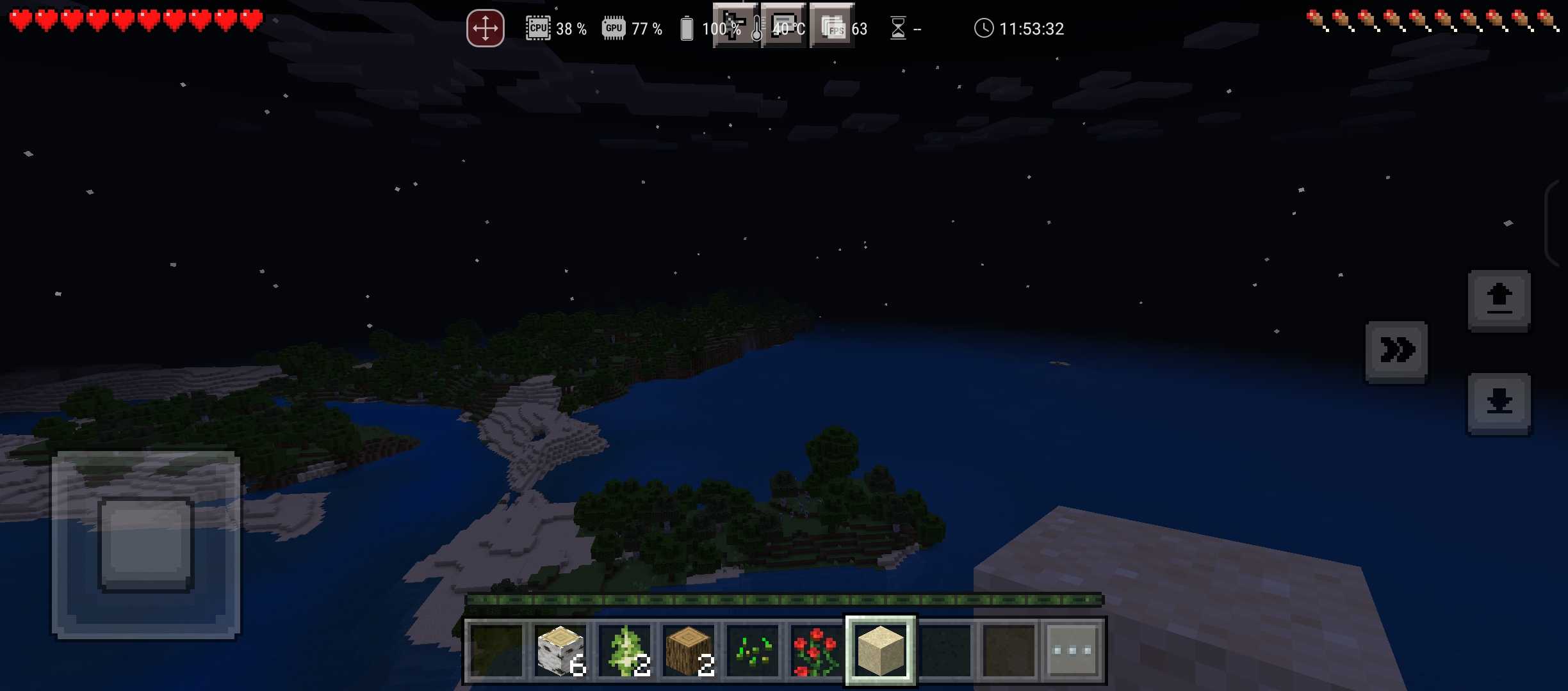 高台を作って周囲をぐるぐると眺めていたが、フレームレートは大体60～70fps前後で安定しており、動作としてはかなり快適だ。とはいえフレームレート上限なしで設定しているはずなのでまだまだパワー不足であることがわかる