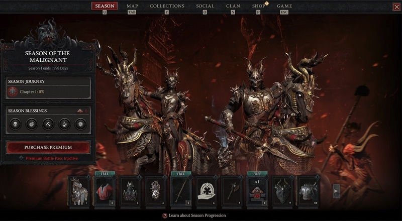 バトルパスを進めるにはゲームをプレイ（例：モンスターを倒す、キャンペーンやサイドクエストをクリアする、シーズン・ジャーニーの目標を達成するなど）することで獲得できる「恩恵」が必要。また、200プラチナ支払うことでティアをスキップすることもできる