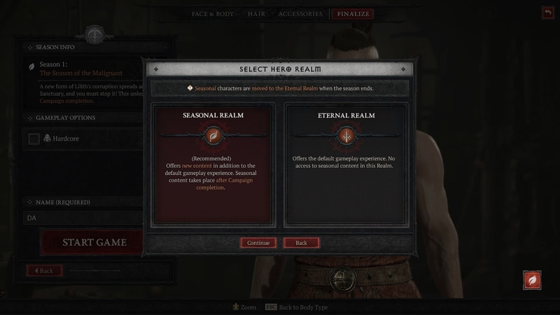 キャラクター作成する画面でシーズン専用のキャラクターを作成するかどうかを選択できる。もちろんシーズン開催中も永遠なる領域でプレイ可能だが、シーズン用に作成したキャラクターはそのシーズンが終了するまではシーズンでしか使用できない