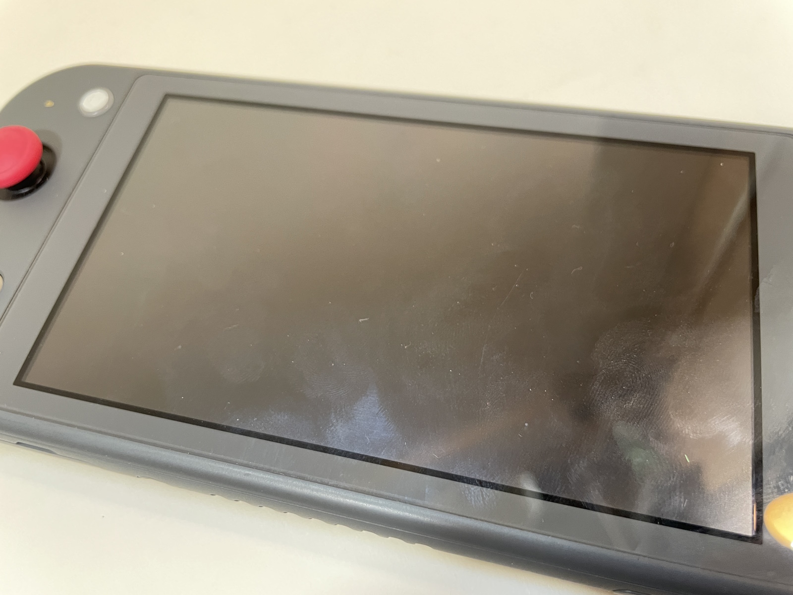 筆者手持ちのNintendo Switch Lite。アーケードアーカイブス専用機として日々手元に置いてある。手で直接ディスプレイ部を持つことが多いため、手垢や皮脂が残りやすい