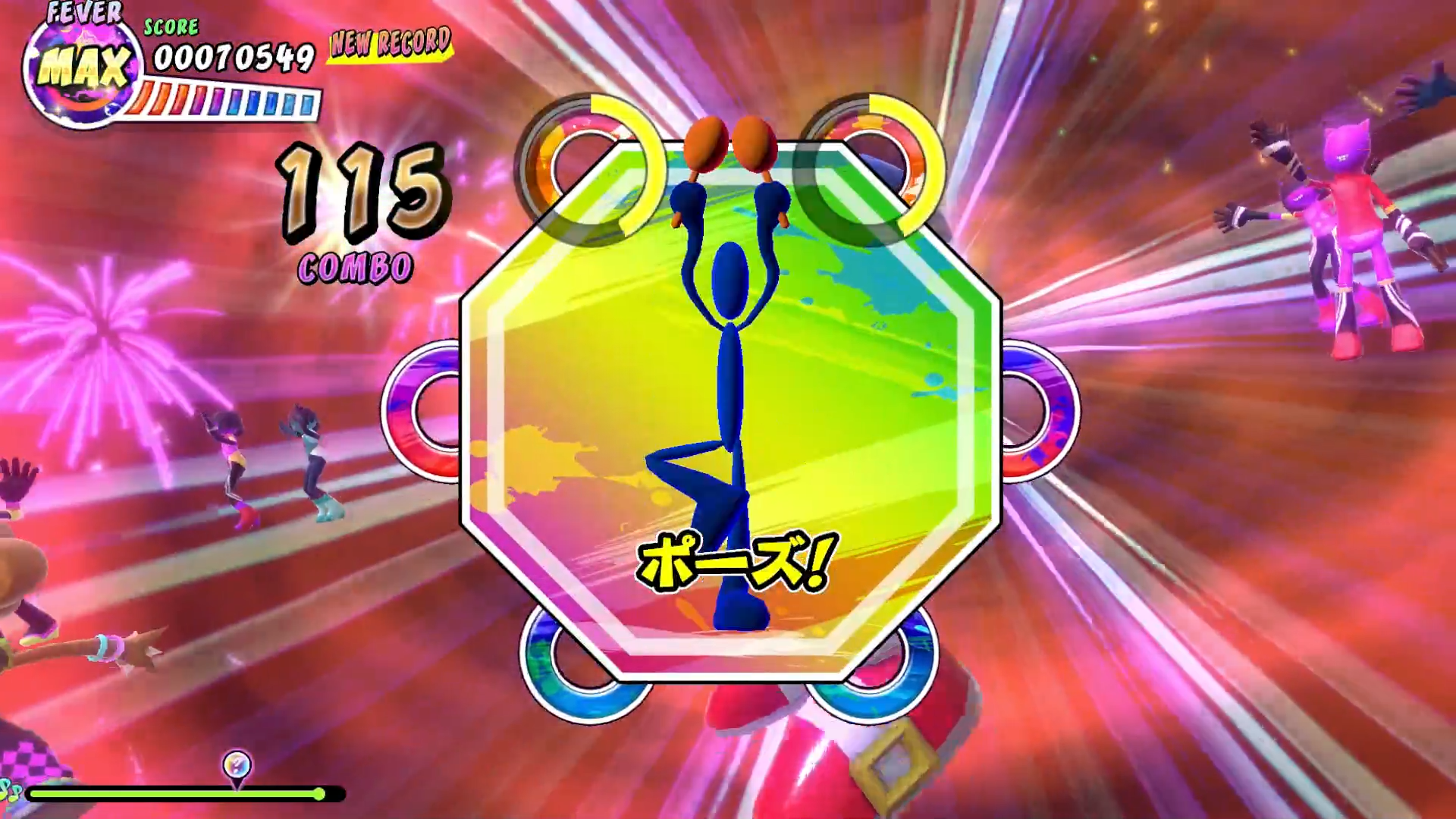 画面中央から流れてくるノーツに合わせてJoy-Conを振る「マラカス」を意識したアクションが本作の基本となる