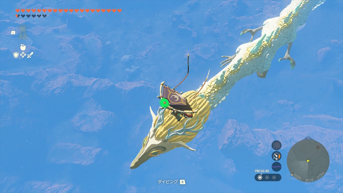 白龍はイベントの進行によって低い位置を飛ぶようになる。地底には潜らずハイラル上空を現実時間の1時間以上かけて周回している。ルート上には鳥望台があり、時計回りに飛行しているので、反時計回りに全ての鳥望台を回るといい。イベントをこなしていない場合は、鳥望台を使っても届き辛いので、始まりの島の南端、最上部でひたすら待ち続けるといいだろう