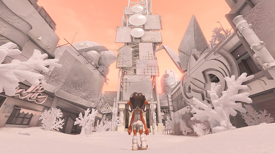 真っ白な世界に立ち尽くす1匹のタコガール。場所はハイカラスクエアの様だ