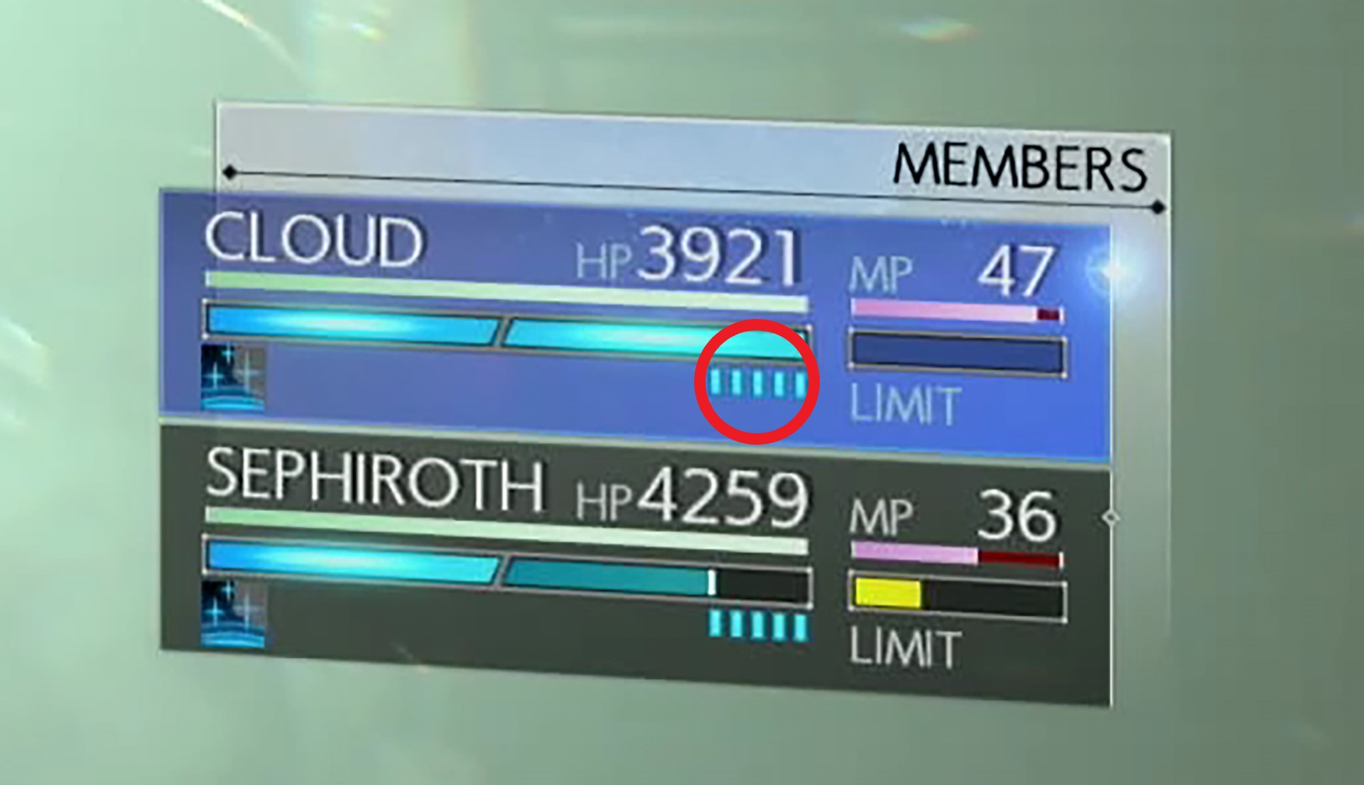 名前の下の青いバーのさらに下にある細い縦のバーに注目！ 赤い丸で囲った部分がクラウドの連携アビリティ用のストックになる