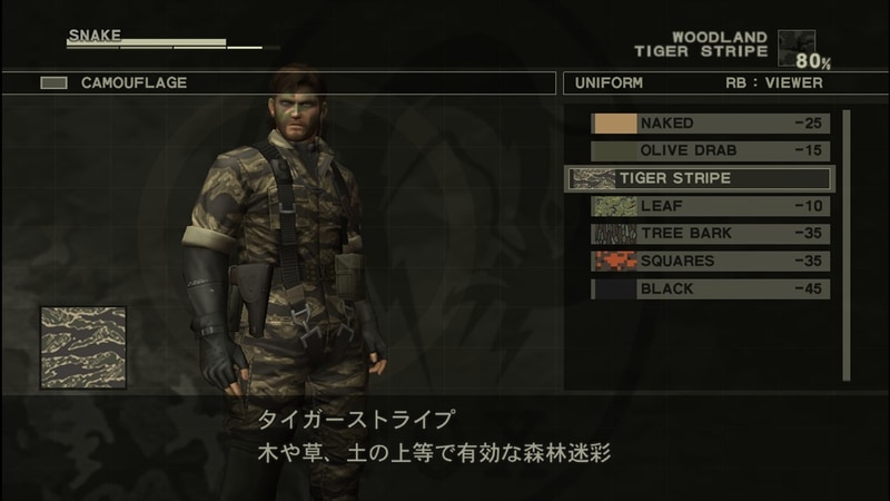 カムフラージュ率は本作からの要素だった。周囲の環境に合わせて迷彩服やフェイスペイントを変更することで敵から見つかりづらくなる