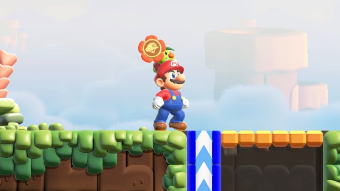 コース中に立ち止まっているとひょっこり顔を出すフロリアン王子。いま自分がどんなバッジを装備しているか教えてくれる