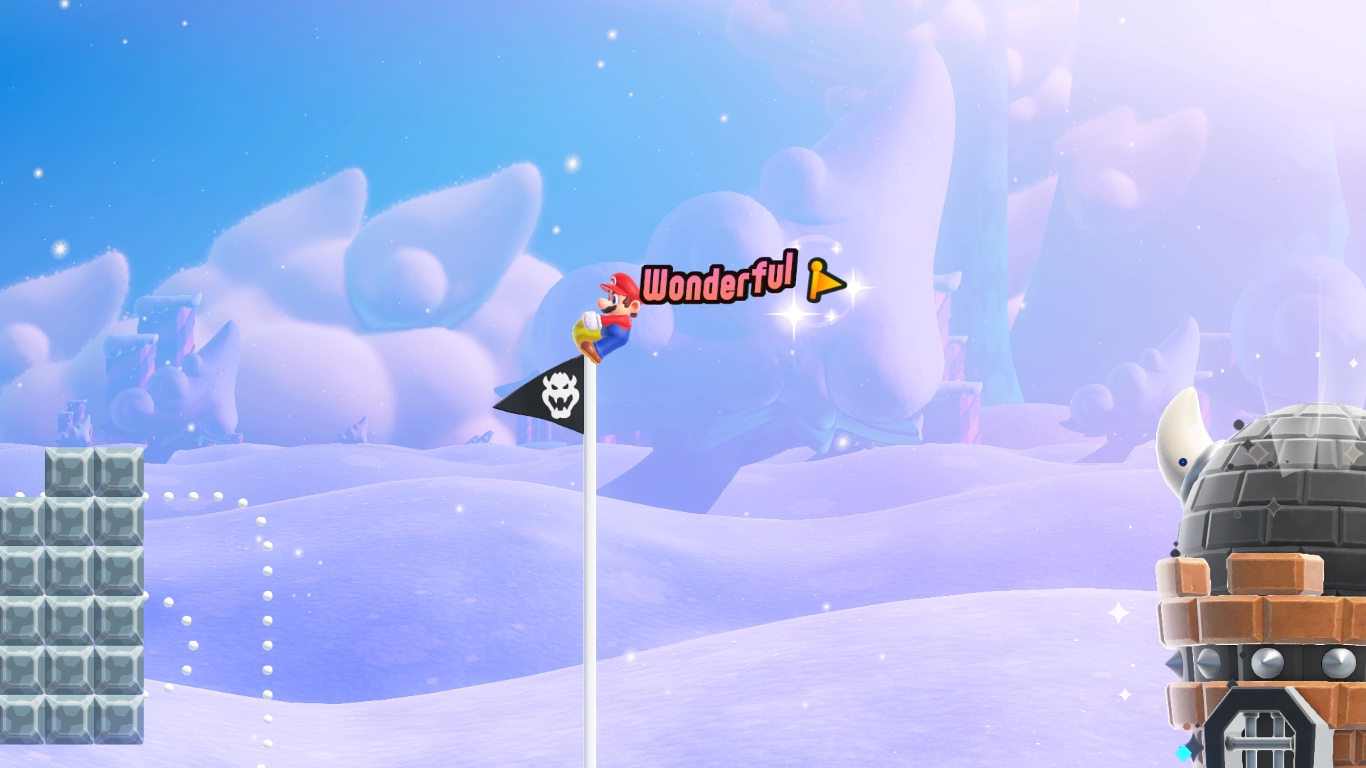 ゴール時にポールの頂点に飛びつくと旗がもらえる。これを全てコレクションすると何かが起きるという