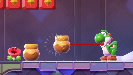 ヨッシーは得意技のたべる、はきだすで攻撃でき、ふんばりジャンプで移動も楽ちんだ