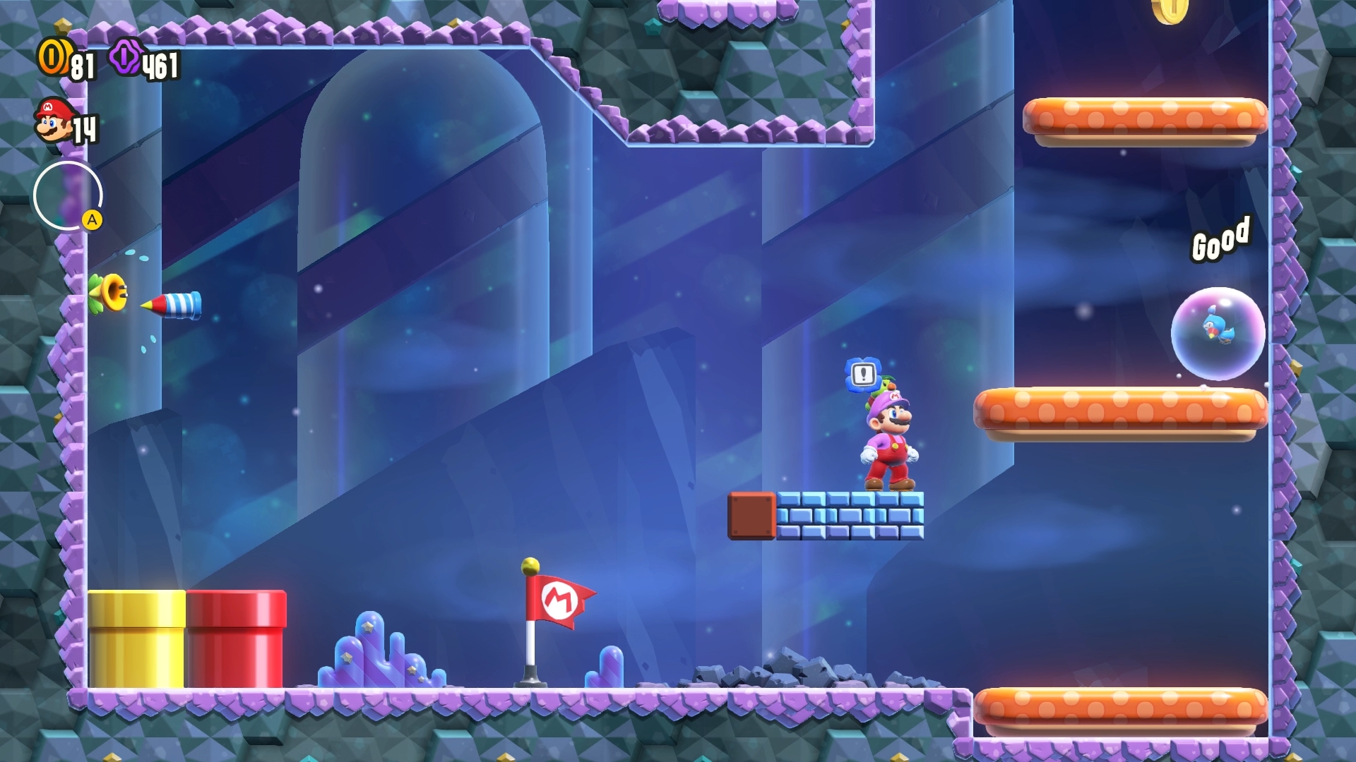 アワ変身は障害物を通り抜けるアワを放ち、離れた仕掛けを作動させたり、敵をアワに包んでコインに変えられる