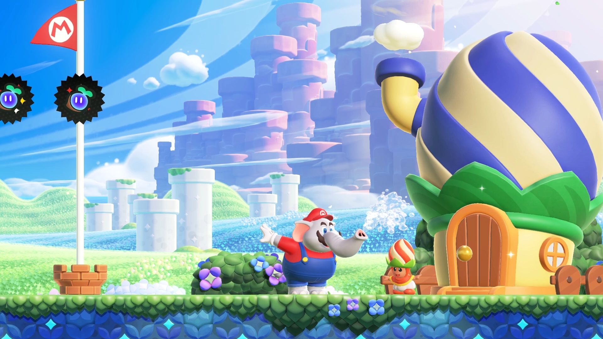 ゾウ変身で水を溜めていると、ゴール時にポプリンへ水をやる