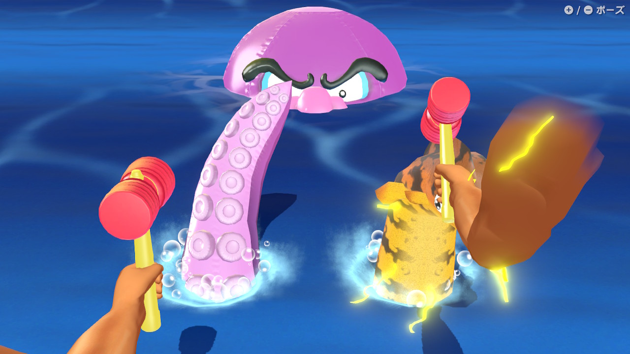 ワリオステージのボス。「シュッポッポ」のカマエから、タコの触手をハンマーで叩こう