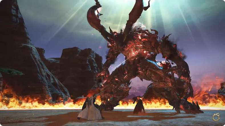 「FFXVI」版イフリートと戦う光の戦士とクライヴ