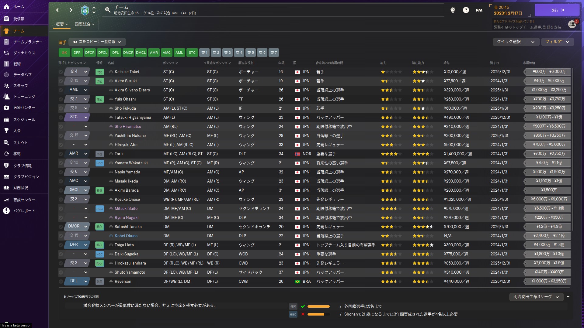 チーム画面では選手の給与や契約満了日、市場価格を確認できる