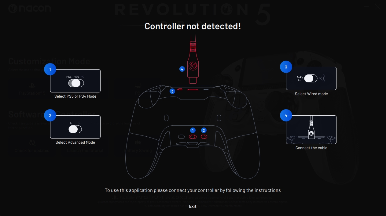 「Revolution 5 Pro」専用アプリケーションの起動画面。画面の指示に従ってモードを切り替えよう