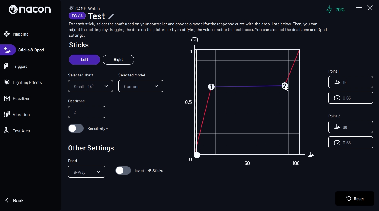 スティックの応答速度は任意に変更可能。マウスを使ってピーキーな性能にもできる