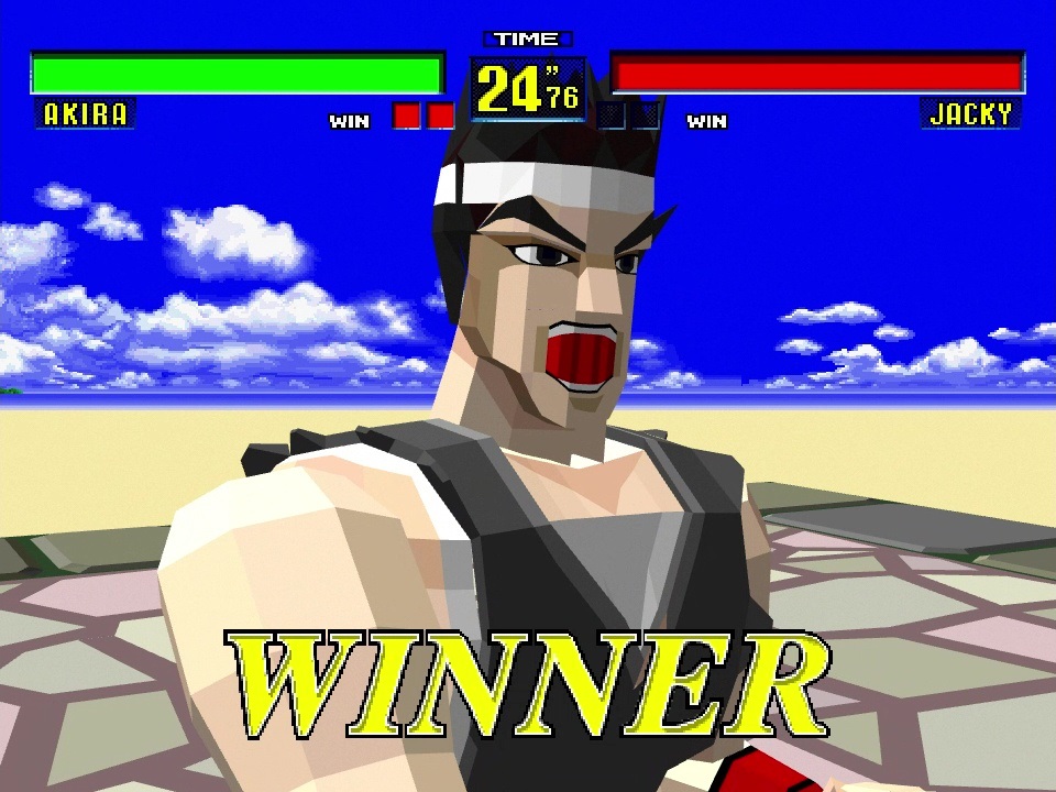 画像はアストロミニに収録された「バーチャファイター」のポリゴン。今見るとリアルとは言えないかもしれないが、当時からすれば生きた人間が戦っているようだった