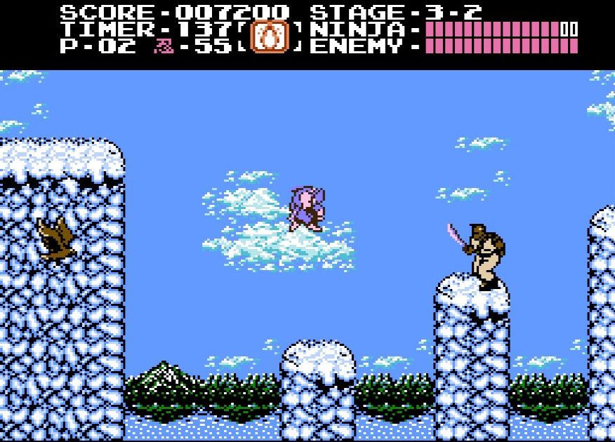 リュウが敵に吹っ飛ばされている最中は操作不能。狭い足場が多いステージでは、ほんの一瞬のミスが命取りに……