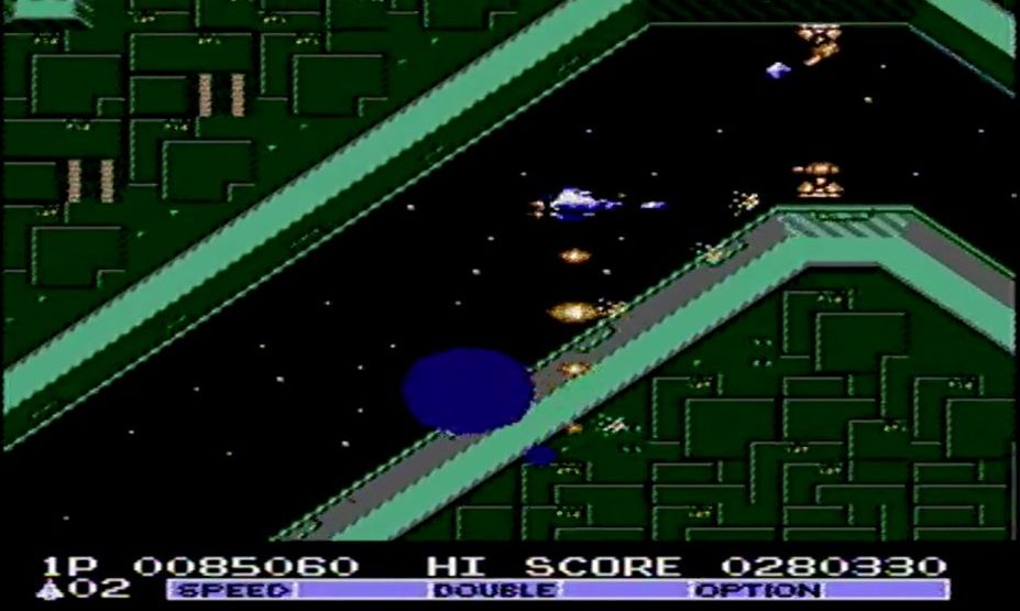 6面の後半はスクロールが高速に変化。アーケード版の6面も高速スクロールステージだが、ファミコン版は構成がまったく異なる