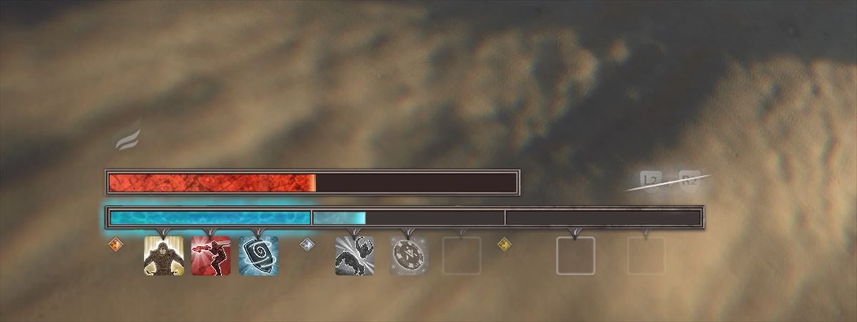 下の青いゲージがモメンタムゲージ。これが上昇するほど高いtierのエッセンス能力が使用できるようになる