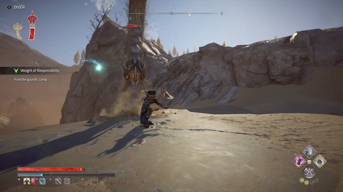 ガントレットの力で斧と鞭を持ち替えつつ戦う。斧は近接の火力武器、鞭は遠距離の敵にも攻撃が可能だ