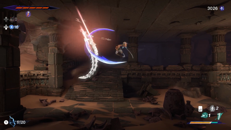 「サルゴン」のバトルアクションの基本は双剣による連続攻撃だ。敵を上空に打ち上げて反撃の隙を与えづらい空中コンボ、攻撃途中にボタンを長押しする事で使用できるチャージ攻撃は相手のガードを崩したり遠距離攻撃が可能など、操作はシンプルながら攻撃の選択肢は豊富で楽しい