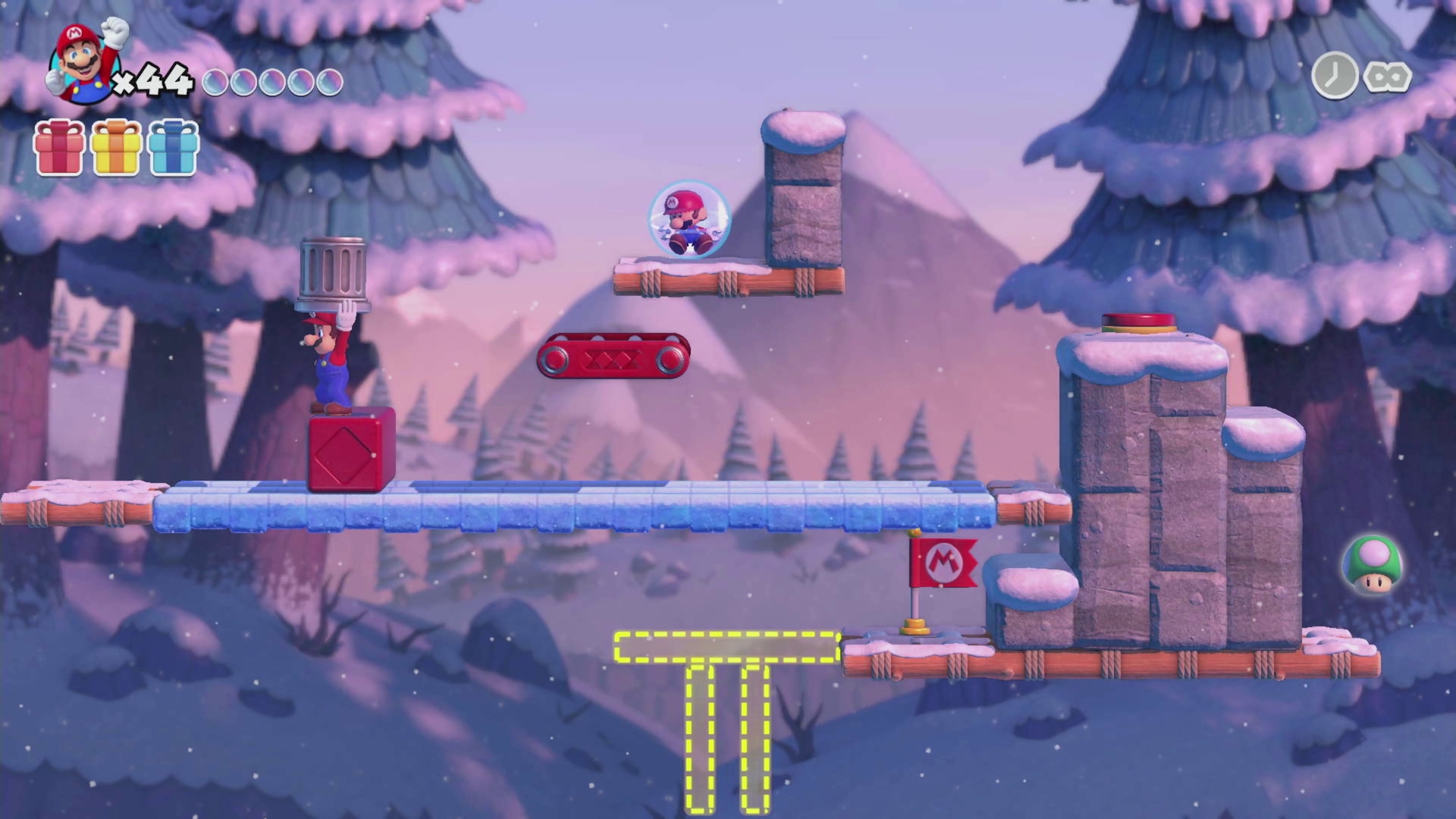 マリオはゴミ箱や敵キャラクターなどを持ち上げることができる