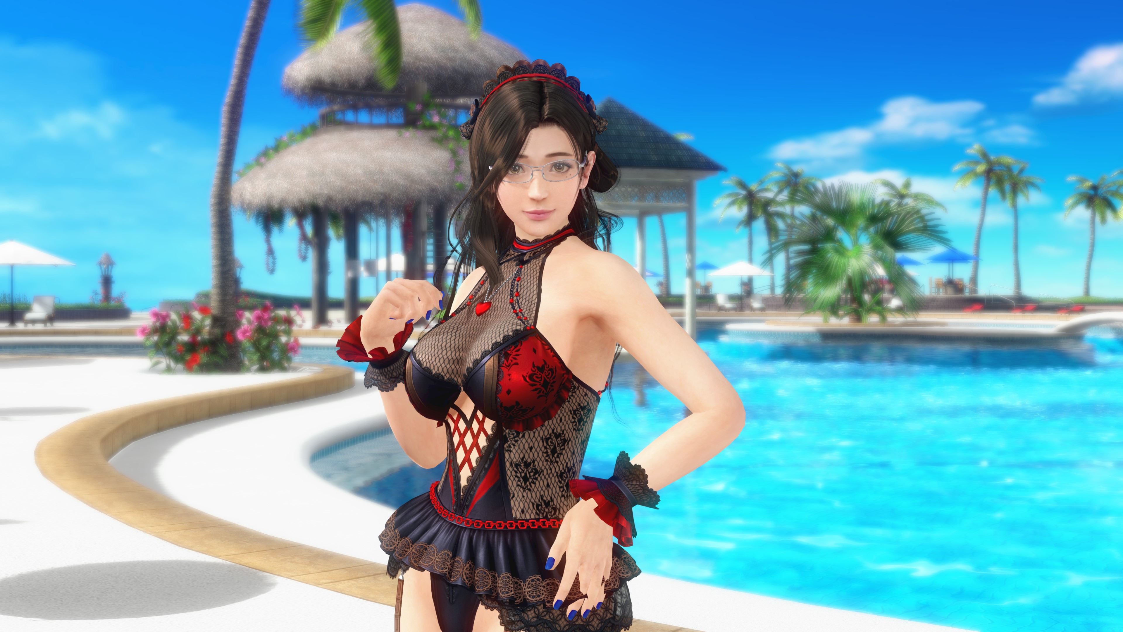 赤と黒のセクシーな衣装だ。シースルーレースの部分が多く、布面積は少ない