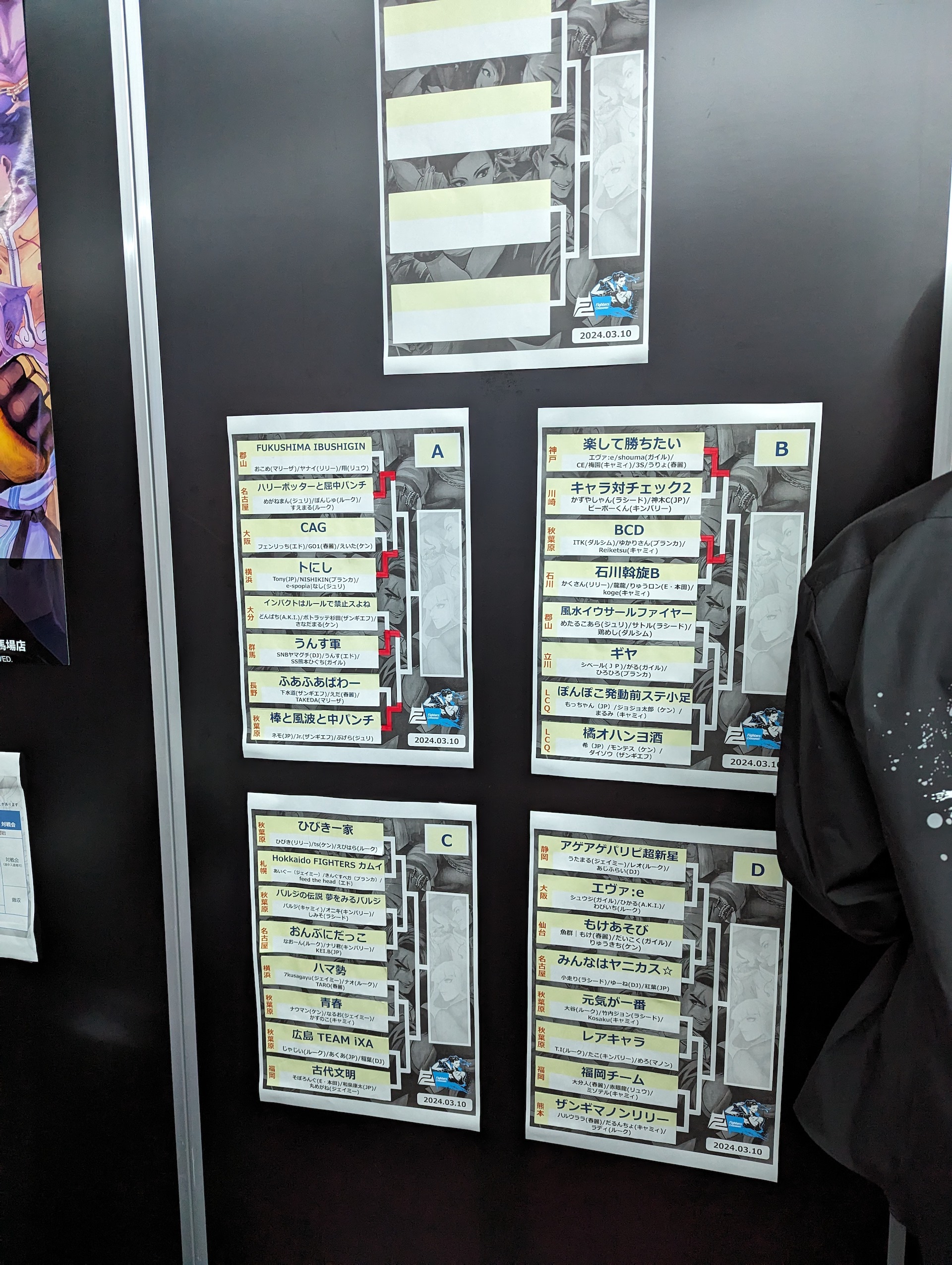 進行は会場に貼られたトーナメント表で行なわれた。勝利チームのラインにはスタッフ手動で赤色のマーカーが塗られていく