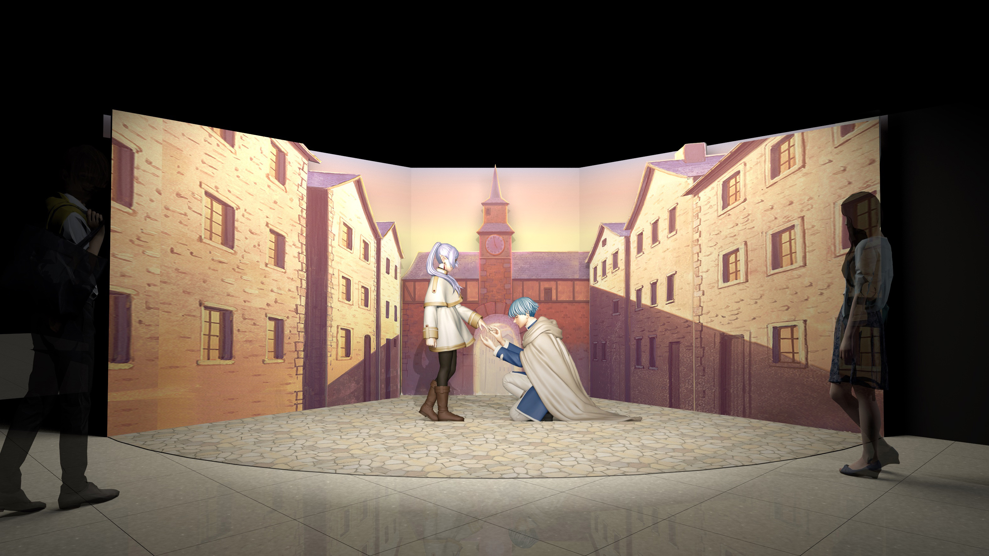 僧侶・ザイン、武道僧（モンク）・クラフト、ドワーフの戦士・フォル爺など個性豊かなキャラクターたちとの出会いを振り返るエリア。フリーレンとヒンメルの素敵な思い出が、カラーオブジェと共にフォトスポットになっている（展示イメージ）