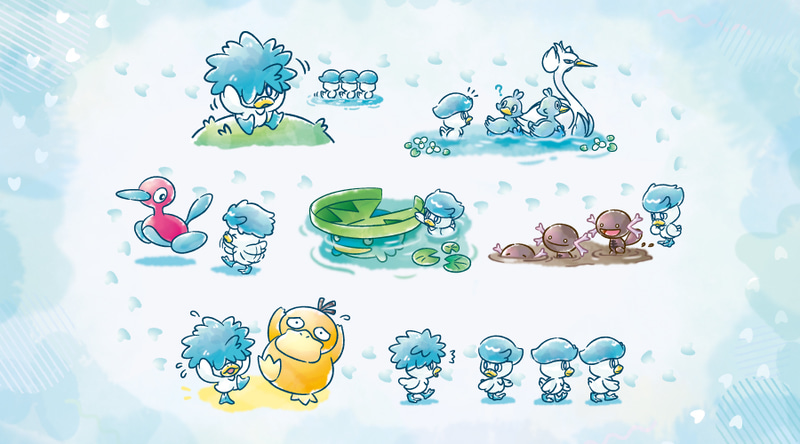 メインアート。まいごのクワッスがさまざまなポケモンたちと出会うようすが、絵本のようなやさしいタッチで描かれている