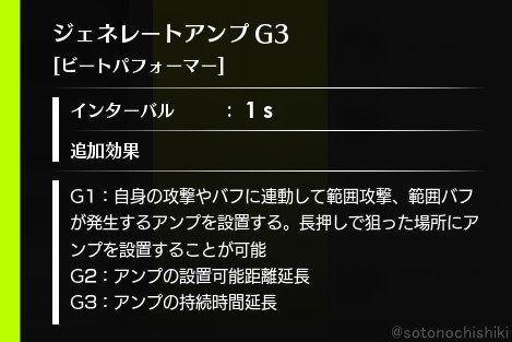 アンプの出現時間は初期で30秒、レベル38でスキルがG3になることで60秒まで延長される
