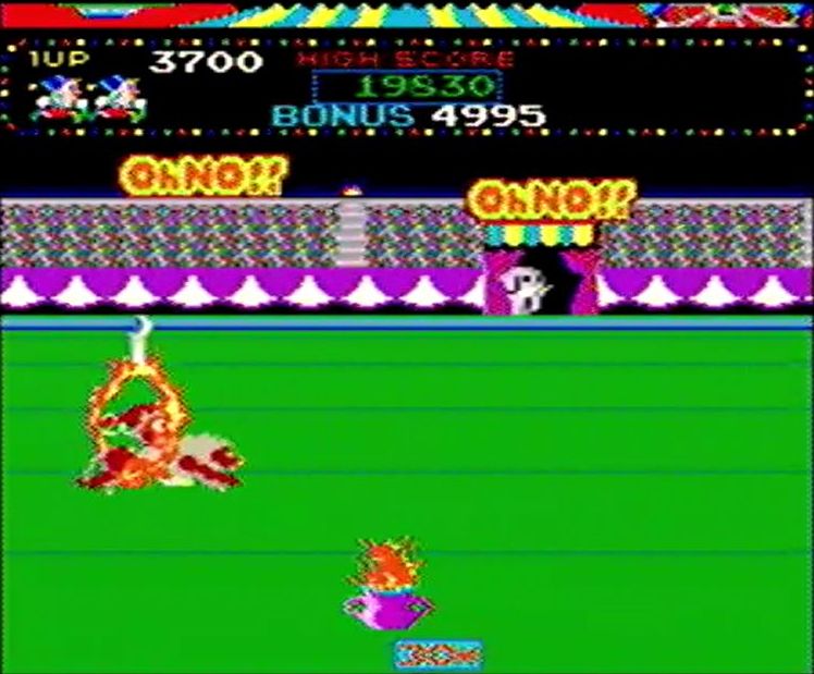 「火の輪くぐり」ステージより。高得点のドル袋がある小さな火の輪は無視しても先に進めるが、くぐる際はジャンプの軌道を少しでも間違えると即ミスとなる