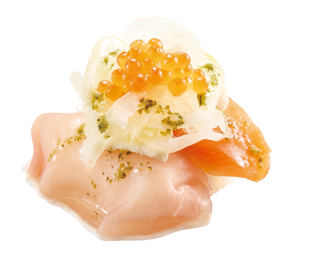 サーモン生ハムバジルモッツァレラ（黒皿、260/270/290円）