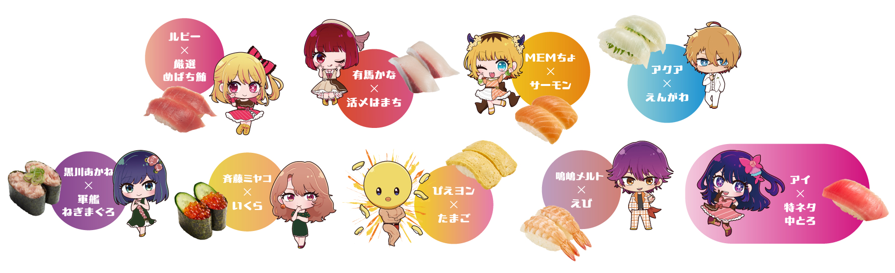 コラボ限定シール描き下ろしミニキャラはすしにインスパイアされたコスチュームとなっている