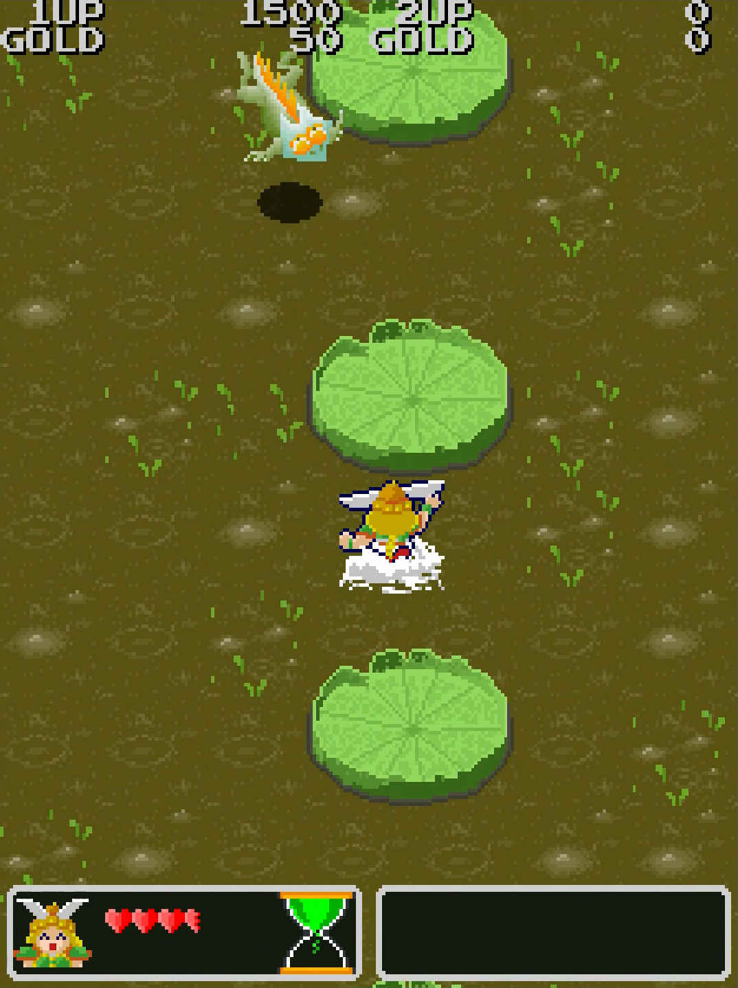 ラウンド1序盤の池は、落ちてもダメージはない。ここでジャンプの操作方法を身に着ければ、後半の空中足場で苦労することはないだろう。ただし、敵には要注意