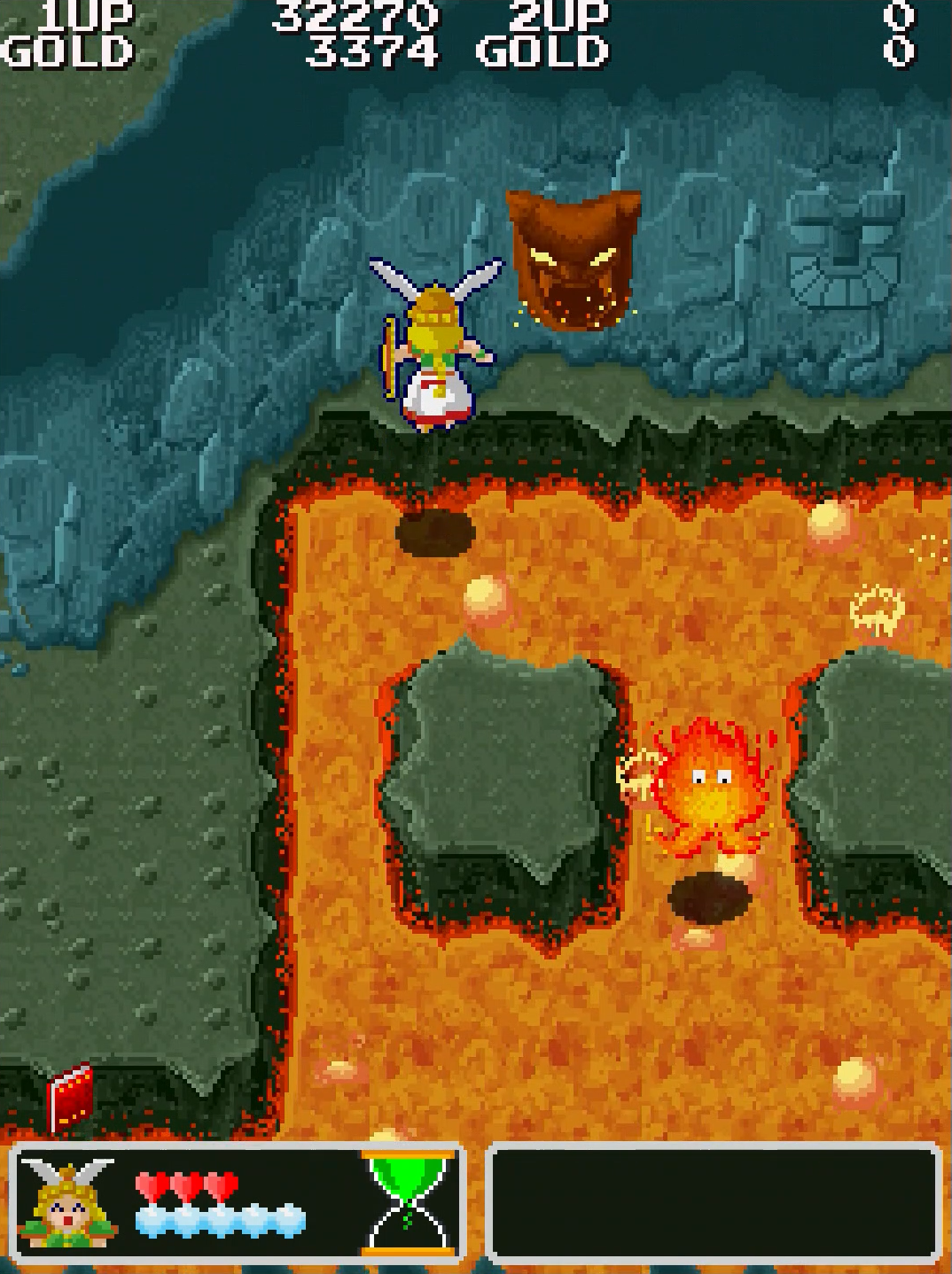 溶岩地帯は、上から火を噴くオブジェクトを避けつつ敵を倒しながら進まなければならないため、なかなか難しい。そんなときは、写真のようなルートを通れば火に悩まされずに済む