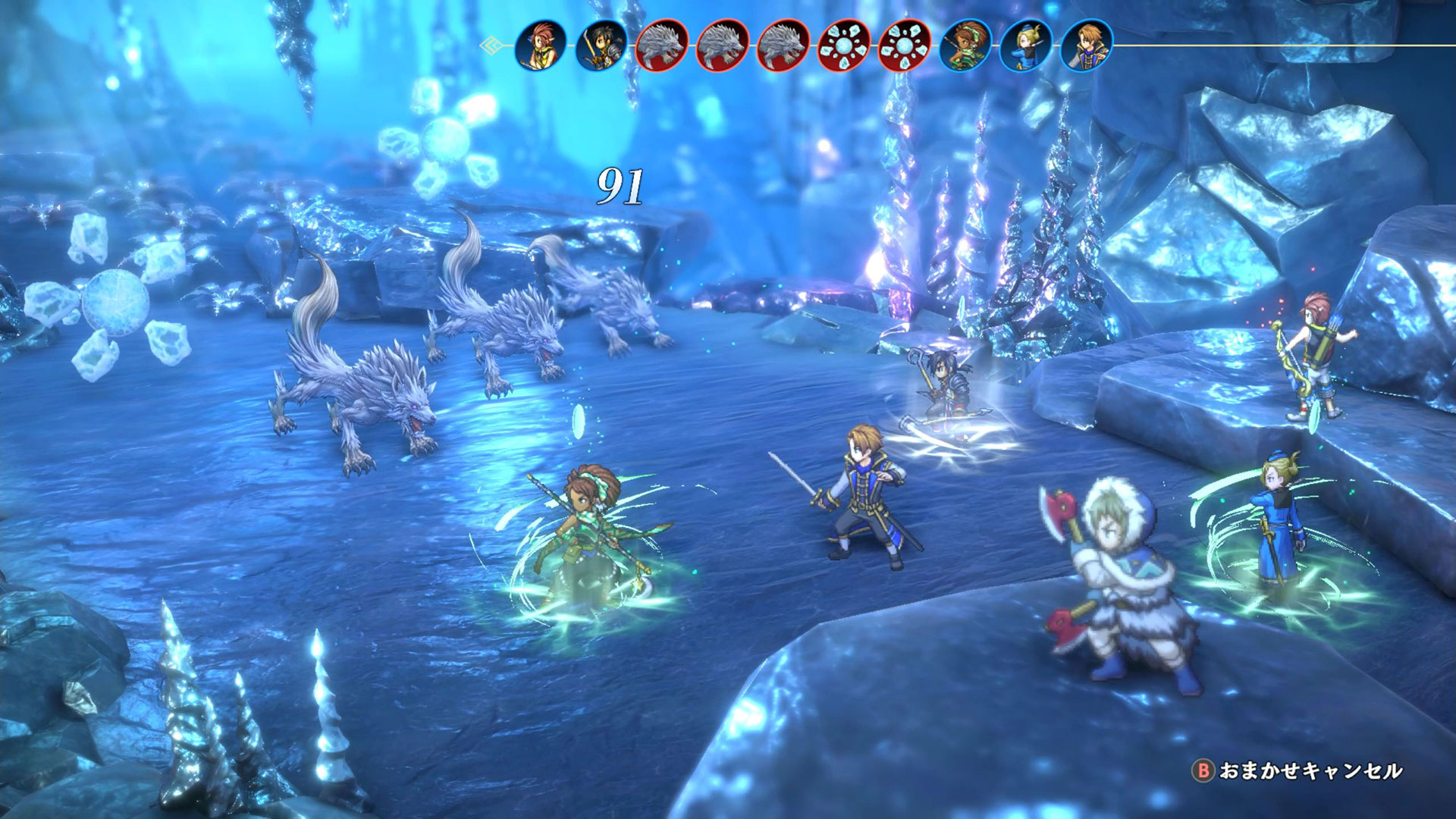 画面上部に行動する順番が表示される。「おかませ」をキャンセルすると、次のターンから手動で行動を選ぶことができるようになる