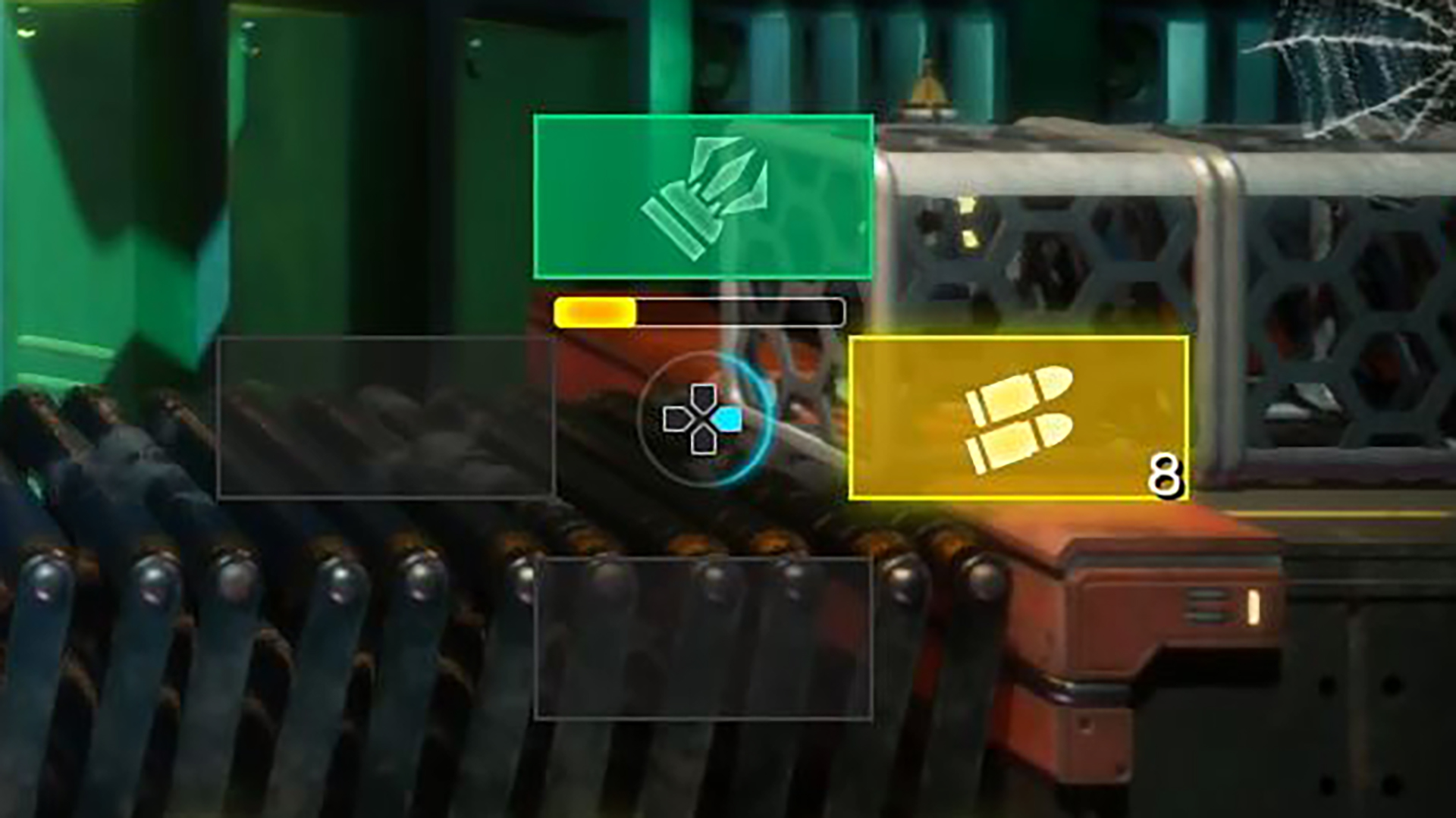 装備は十字キーで切り替えることができる。ここでは2種類しか登録されていないが、緑が採掘用で黄色が攻撃用だ